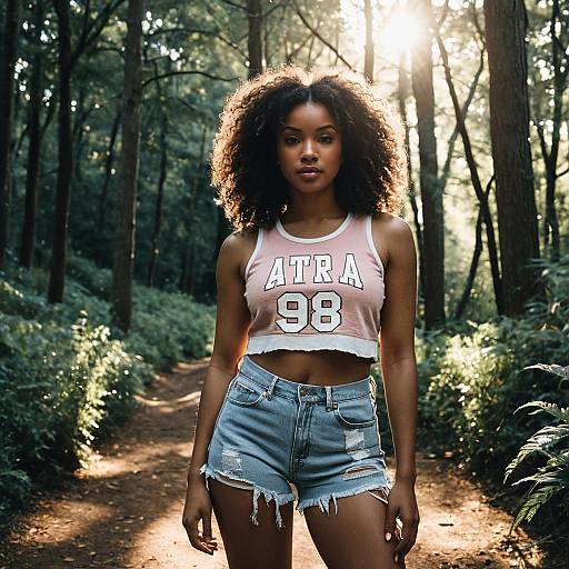 Woman in Cropped Tank Top and Denim Shorts in Forest