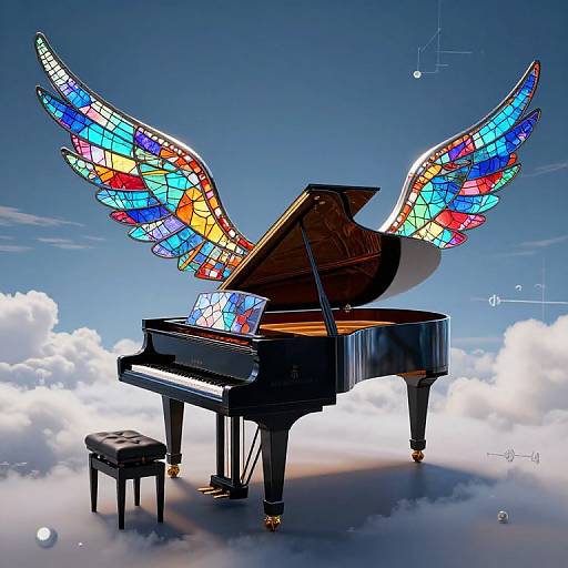 Digital artwork of a grand piano with vibrant, stained-glass angel wings, floating above fluffy clouds against a blue sky.