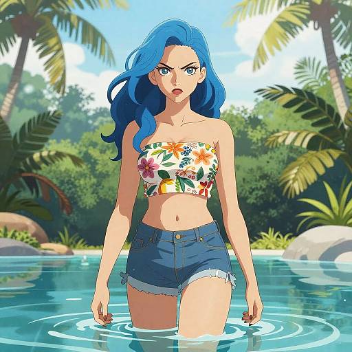Blue-Haired Woman in Tropical Waters