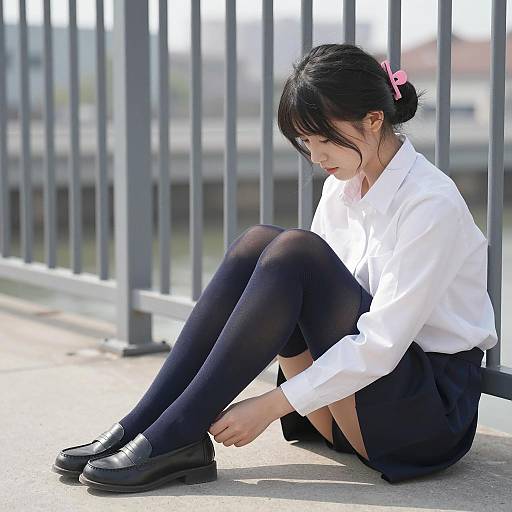 Asian Woman Adjusting Loafers Outdoors