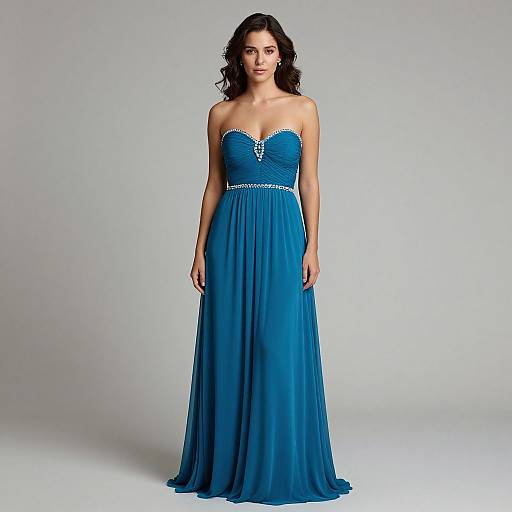 Photograph of a woman with curly black hair, wearing a strapless, blue, floor-length evening gown with a sweetheart neckline and beaded waist,
