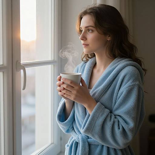 Photograph of a young woman with long brown hair, wearing a blue fleece robe, holding a steaming white mug, standing by a sunlit window