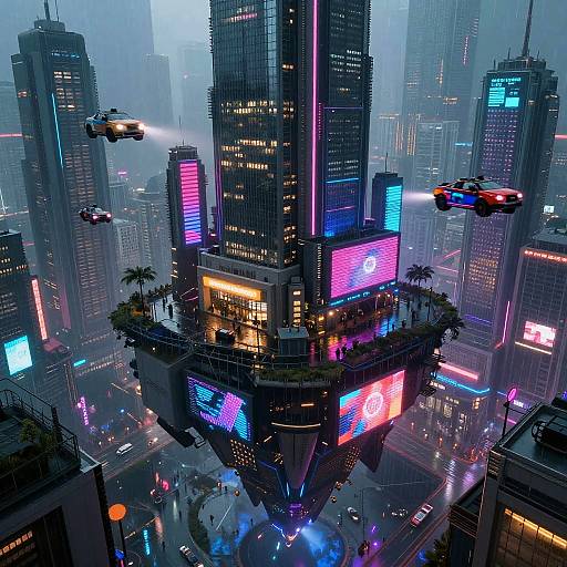 CGI futuristic cityscape: neon-lit skyscrapers, floating drones, illuminated floating island with palm trees, vibrant blue and pink lights, bustling