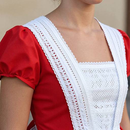 Photograph of a woman's upper body in a red dress with white, lace-trimmed apron, showing fair skin and a simple, elegant