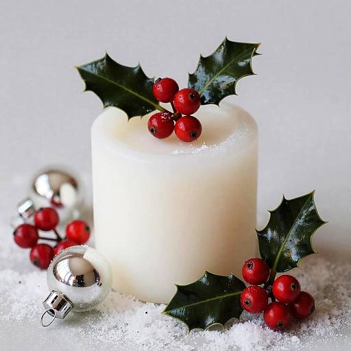 Candle with Holly and Glass Ornaments