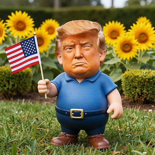 Photograph of a caricatured President Trump doll in a blue shirt, brown belt, and shoes, holding an American flag, standing on grass with