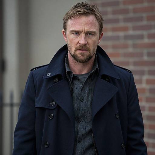 Photograph of a serious-looking, middle-aged white man with short brown hair and beard, wearing a black coat over a gray shirt, standing against a