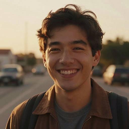 Photograph of a young man with medium brown skin, dark curly hair, smiling widely, wearing a brown jacket over a gray shirt, standing in a