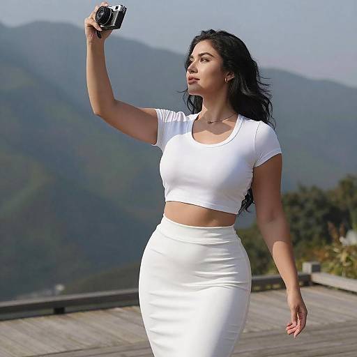 Curvy Woman Posing with Camera Outdoors