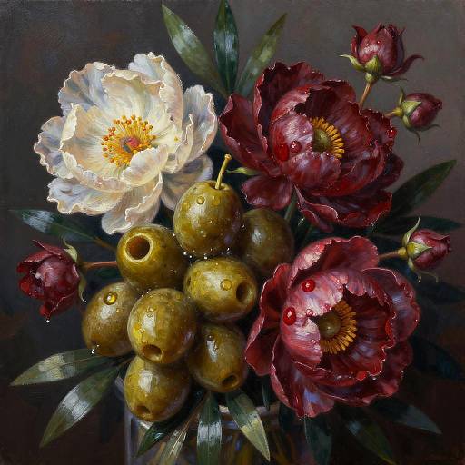 Vivid Olive and Ruby Floral Painting