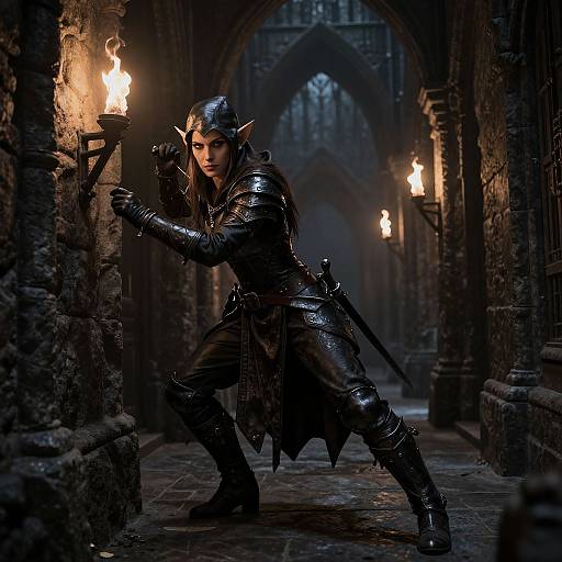 Dark elf warrior in medieval armor stands in dimly lit, Gothic cathedral hallway with torches, holding a torch and sword. (Digital art)