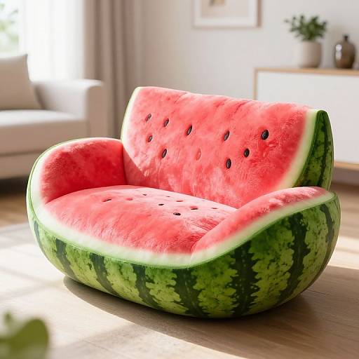 Photograph of a whimsical watermelon-shaped couch with red interior and green striped exterior, placed in a sunlit modern living room.