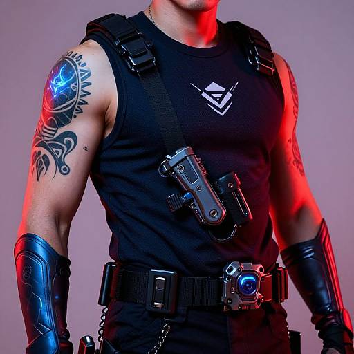 Photograph of a muscular man in black tactical gear with glowing blue tattoo, black gloves, and holstered guns, illuminated by red light.