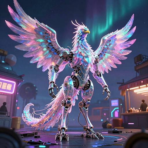 Neon-Feathered Phoenix Android in Cyberpunk Market