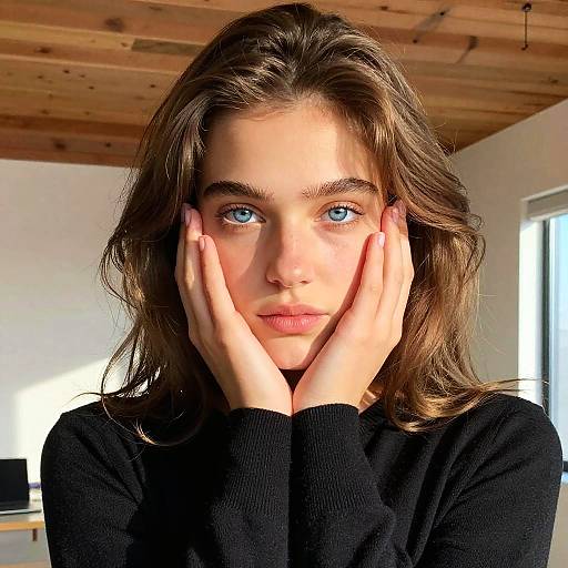 Photograph of a young woman with blue eyes, light skin, and brown wavy hair, wearing a black sweater, hands on her face, in