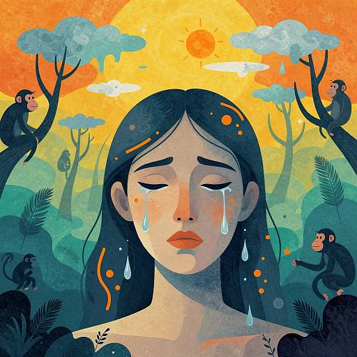 Digital illustration of a sad woman with closed eyes, tears, and dark hair, surrounded by monkeys in a vibrant, surreal forest with a glowing orange sun