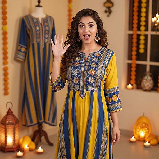 Photograph of a smiling South Asian woman with curly dark hair, wearing a yellow and blue embroidered salwar kameez, waving, in a warmly