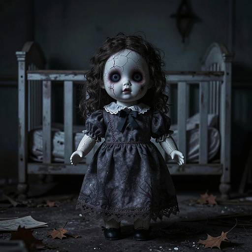 Photograph of a creepy porcelain doll with cracked white face, dark curly hair, black lace dress, standing in a dimly lit, grimy room