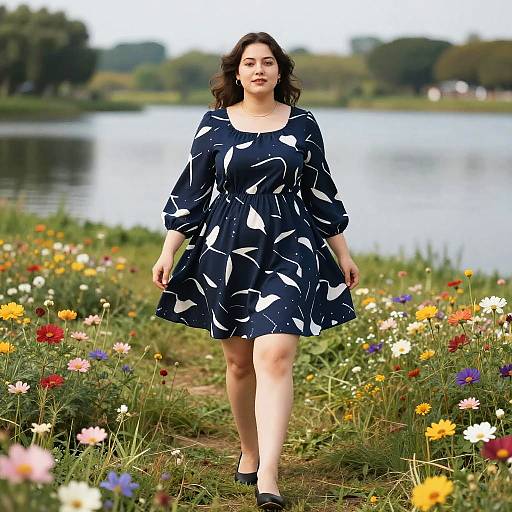Curvy Woman in Navy A-line Dress