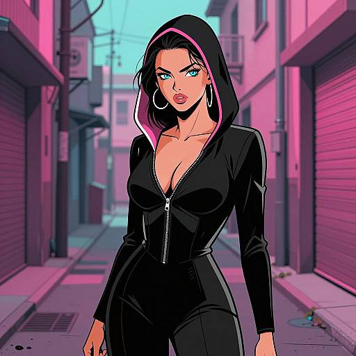 Confident Woman in Black Hooded Outfit