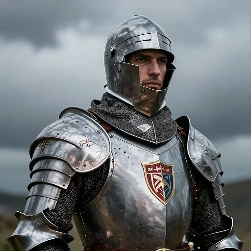 Photograph of a serious, armored knight in silver medieval armor with a chainmail neck guard, bearing a coat of arms, under a cloudy sky.
