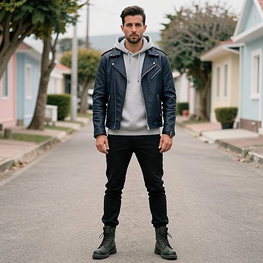 Photograph of a handsome man with dark hair and beard, wearing a black leather jacket, white hoodie, black pants, and boots, standing on a