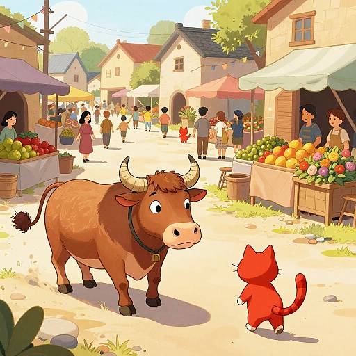 Digital cartoon: Brown cow with horns stands in a sunny village market, facing a red cat with a curly tail. Colorful stalls, people, and
