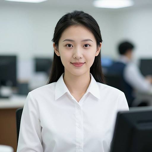 Photograph of an Asian woman with straight black hair, wearing a white button-up shirt, smiling in a modern, brightly lit office. Blurred background