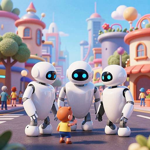 CGI image of three white, round, humanoid robots with glowing blue eyes holding hands with a small orange-haired child in a colorful, whimsical city