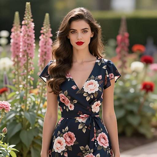 Elegant woman in floral dress in garden