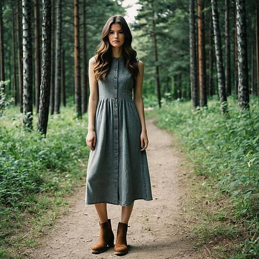 Young Woman in Grey Dress on Forest Path