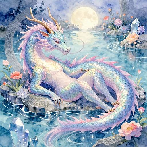 Digital painting of a shimmering blue and pink dragon with horns, reclining in a moonlit, crystal-filled water pool surrounded by glowing flowers and intricate