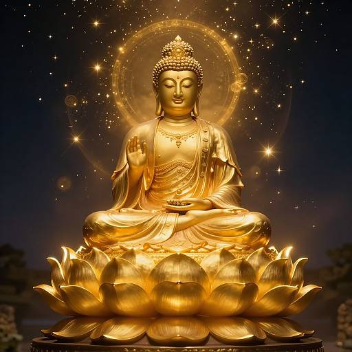 Golden Buddha statue in lotus pose, illuminated with glowing star-like lights, sitting against a dark, starry night sky. Digital artwork.