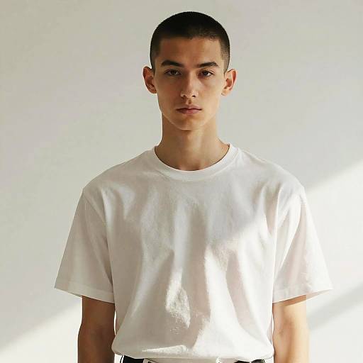 Photograph of a young, light-skinned man with short dark hair, wearing a plain white t-shirt, standing against a bright white background.