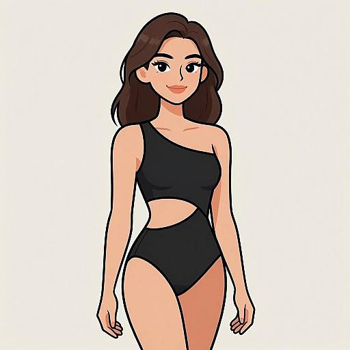 Digital cartoon-style illustration of a smiling, fair-skinned woman with dark brown hair, wearing a black one-shoulder swimsuit with cut-out sides