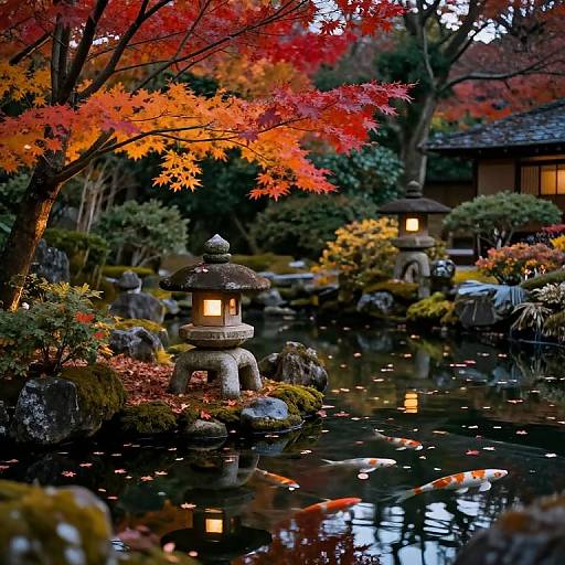 Photograph of a serene Japanese garden at dusk, featuring glowing lanterns, vibrant red-orange autumn leaves, koi fish, and traditional stone lanterns
