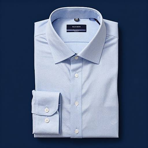 Photograph of a neatly folded, light blue, pinstriped dress shirt with white buttons, set against a dark blue background.