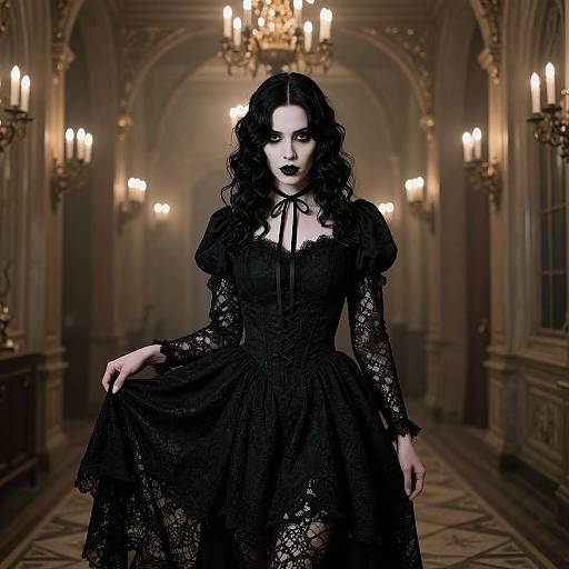 Gothic-style photograph of a pale-skinned woman with dark wavy hair, wearing a black lace dress, standing in a dimly lit,