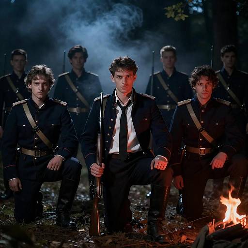 Kneeling Riflemen in Blue-Smoked Night Forest