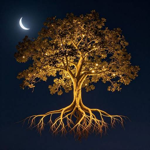 Photograph of a glowing, golden tree with illuminated roots against a dark blue night sky, featuring a small crescent moon in the top left corner.