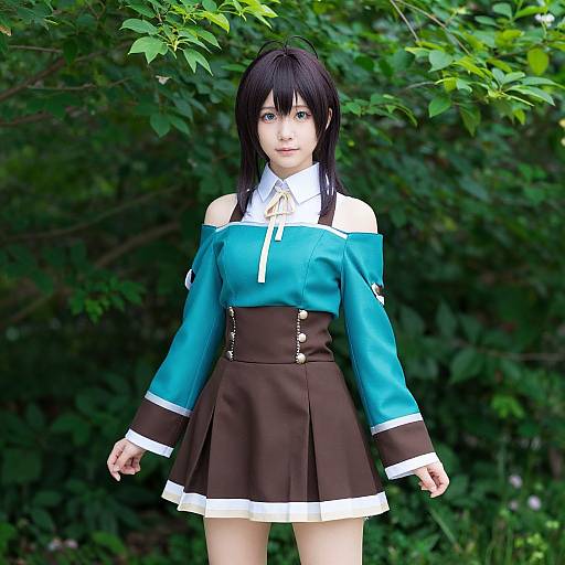 Photograph of an Asian woman with black hair in a teal off-shoulder top and brown skirt, standing against a lush green leafy background.