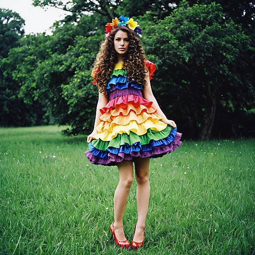Woman in Rainbow Frilled Dress Outdoors