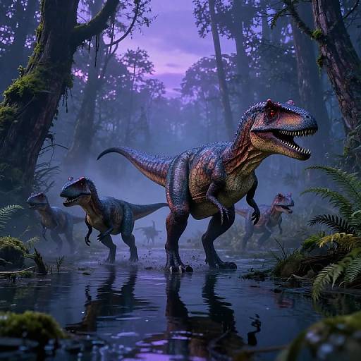 Photorealistic digital artwork of four colorful, detailed, scaly dinosaurs in a foggy, reflective forest pond at twilight, with lush greenery and