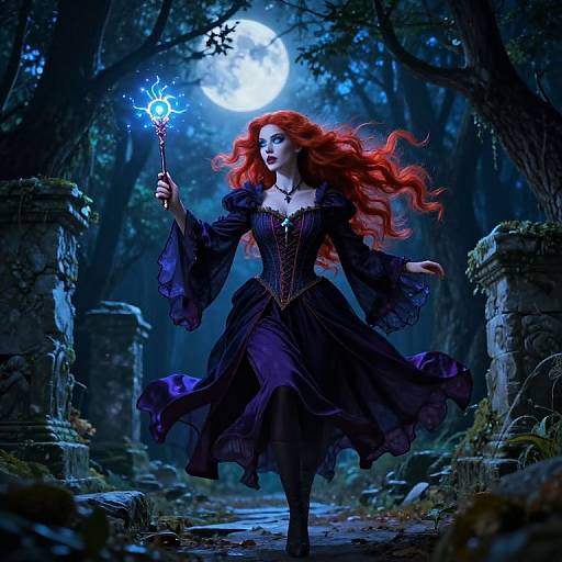 Digital artwork: Red-haired witch with flowing hair, wearing dark purple Gothic dress, holding glowing blue wand, stands in moonlit, misty forest between