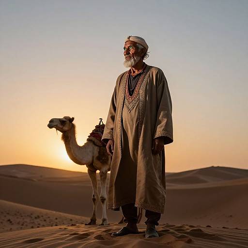 Photograph of an elderly Middle Eastern man with a white turban, long beard, and traditional grey robe standing beside a camel at sunset in a desert