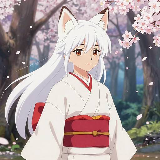 Anime-style digital drawing of a white-haired, fox-eared girl in a white kimono with a red obi, standing under cherry blossoms.