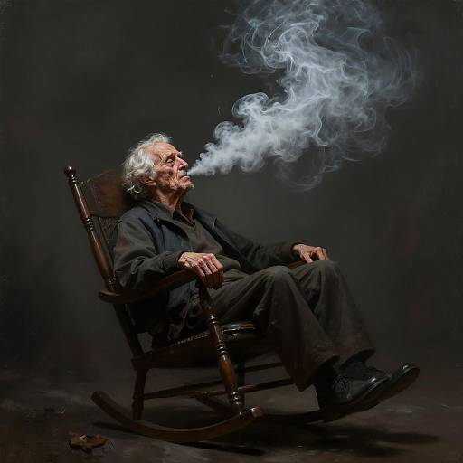 Photograph of elderly man with white hair, black clothes, smoking, sitting in dark wooden rocking chair, dense white smoke swirling upwards.