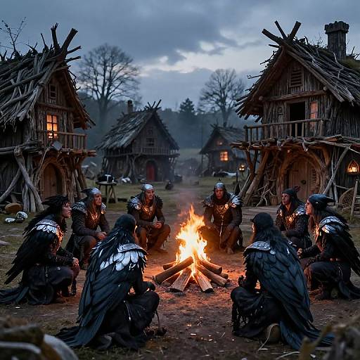 Photograph of medieval warriors with black feathered cloaks, armored shoulder plates, crouching around a fire, in front of rustic wooden huts