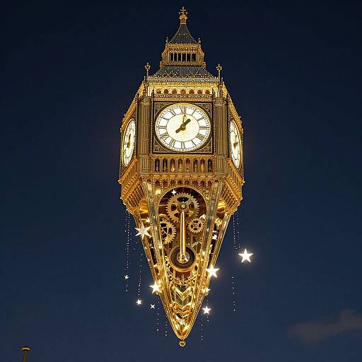 Photograph of the illuminated Big Ben clock tower against a dark blue night sky, with golden lights and star-like decorations.