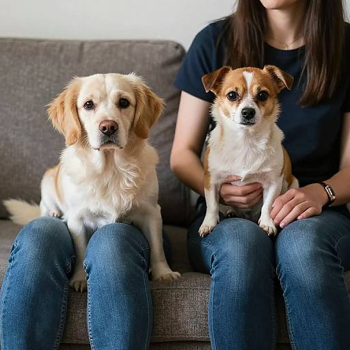 Photograph of a woman in a black shirt sitting on a gray couch, holding a small brown and white dog, with a golden retriever sitting beside